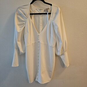 ASOS White puff sleeve mini dress with a deep V-neckline and button details US8